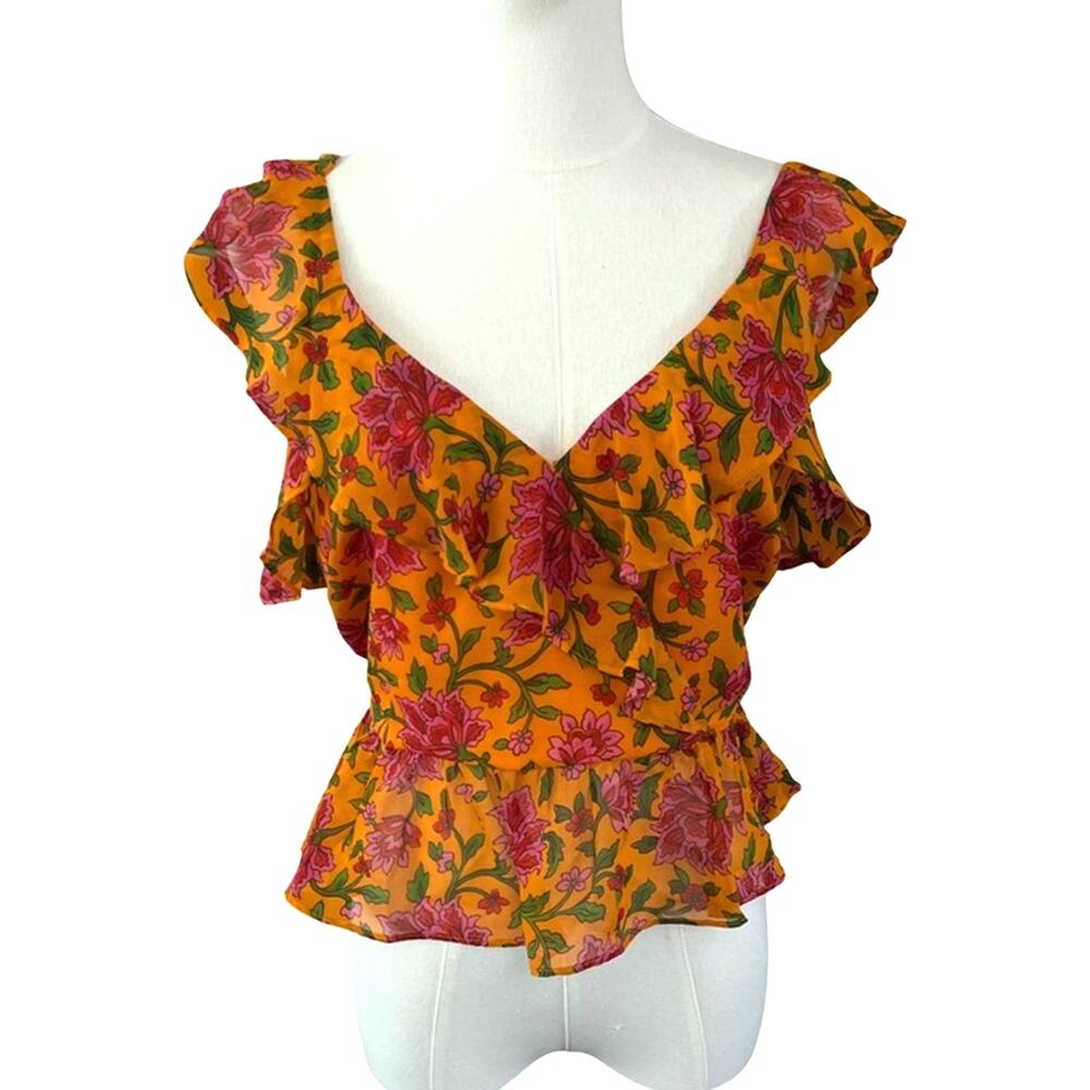 Veronica Beard Randa Floral Silk Peplum Blouse Hot Orange Size 00 NWT